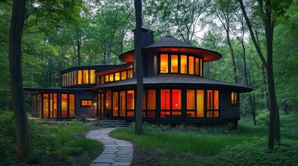 Wall Mural - A modern, round house in the woods with a stone path leading to the front door, illuminated by warm interior lights.