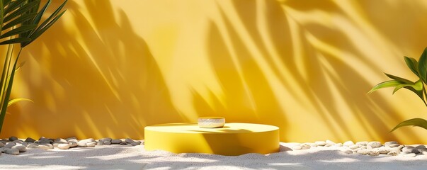 Wall Mural - Yellow Podium with Tropical Leaves and Stones