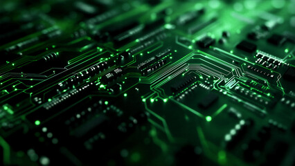 A close-up of an advanced circuit board with glowing green circuits, representing the future and high-tech elements in digital design and technology.