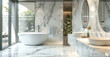 © visoot - Contemporary bathroom with marble surfaces, large mirrors, and minimalist decor. Generative AI.