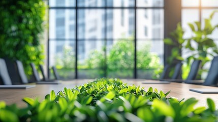 Wall Mural - A green plant is growing on a table in a room with a view of a city