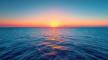 Wall Mural - Serene Sunset Over Calm Ocean: Glowing Orange and Teal Horizon on Clear Blue Sky Background