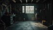 © Iswanto - Dark, dusty, and abandoned workshop interior with a single window letting in light from the outside.