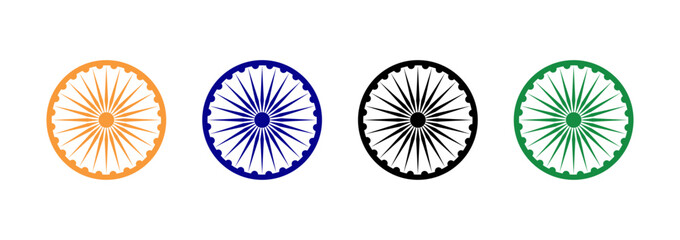 Wall Mural - Ashoka chakra icon set in blue, orange, black and green color. Ashoka Chakra-symbol from the flag of India. Ashoka Wheel for Indian Independence Day. Flat design vector illustration.