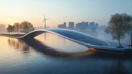 A stunning modern bridge spanning a serene waterway at dawn, showcasing renewable energy and urban architecture.