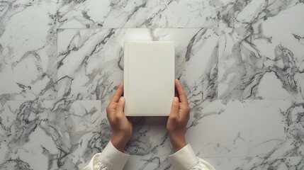 pair of hands gently holding a closed white book. The background is a high-resolution marble surface with subtle, intricate veins, rendered in ultra-detailed 8K with smooth textures.