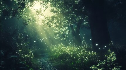 Wall Mural - Sunbeams in a Misty Forest