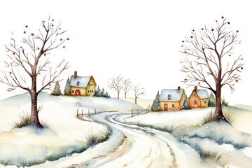 Wall Mural - PNG Snowy village winter landscape illustration border, transparent background