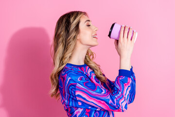 Poster - Portrait photo of gorgeous adorable blonde curly hair lady satisfying drinking warm coffee latte macchiato isolated on pink color background