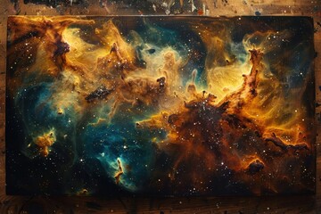 Wall Mural - Cosmic Nebula Painting on a Wooden Surface