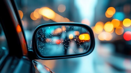 A car's side mirror captures glistening city lights, illuminating a rainy night, signifying travel, urban life, and the beauty of cityscapes and modern transport.