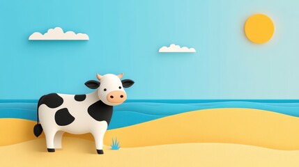 Wall Mural - Cartoon cow on a sunny beach.