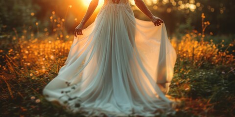 Poster - Woman in a White Dress in a Field at Sunset