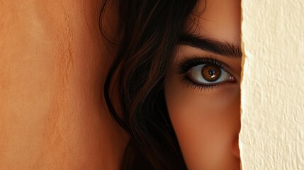 Canvas Print - Close-up of a woman's eye peeking out from behind a textured wall.