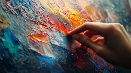 Poster - An artist's hand creating texture on a colorful abstract painting in a bright studio during the afternoon