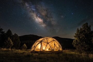 Wall Mural - new mexico camping. illuminated adventure tent at cosmic campground dark sky sanctuary