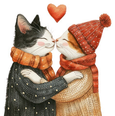 Poster - PNG  Two cats hugging watercolor mammal pet art.