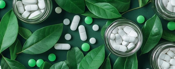 Variety of pills and glass jars surrounded by green leaves, symbolizing natural medicine, Organic supplements, Clean and holistic approach to pharmaceutical and herbal remedies