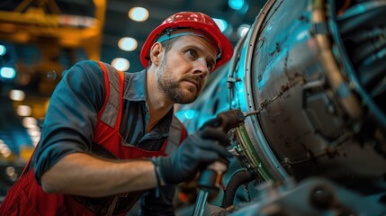 Mechanic inspecting airplane engine for maintenance and repairs.