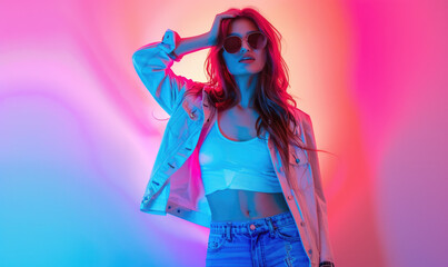 A fashion model poses in an urban setting, wearing sunglasses and trendy against a pastel purple background