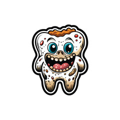 A cute, cartoon tooth with a dirty smile and brown and red stains.