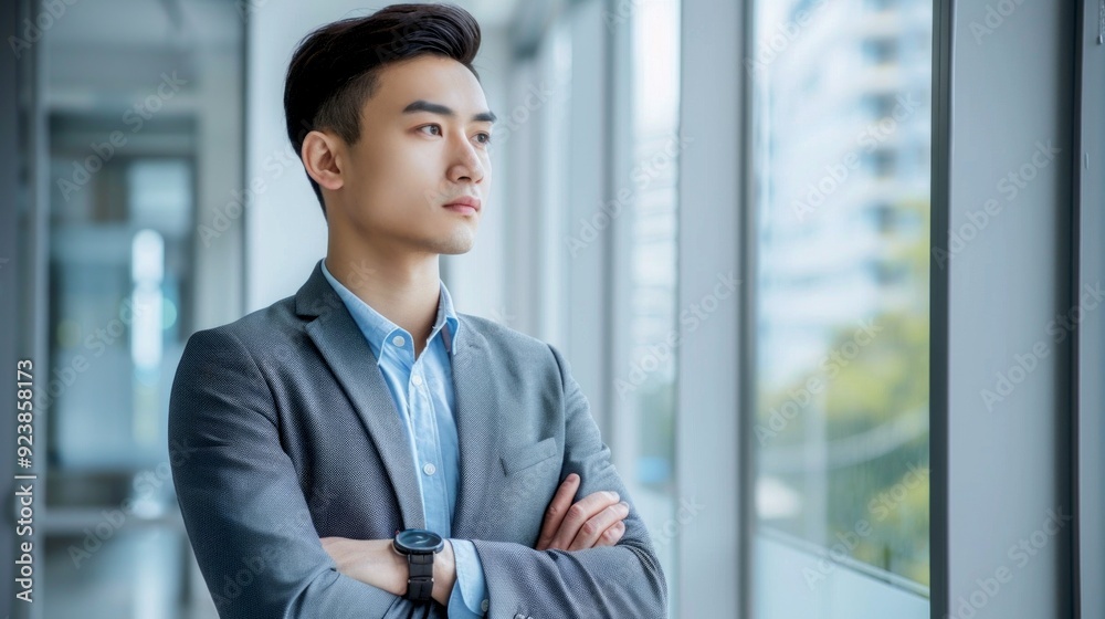 A young professional man in a gray suit stands confidently with arms ...