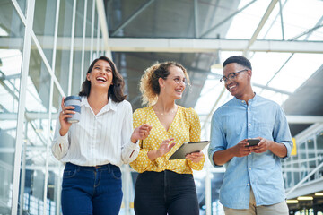 Poster - Walking, conversation and business people in office laughing, bonding and talking on lunch break. Happy, friends and group of creative directors with coffee, tablet and phone in workplace together.