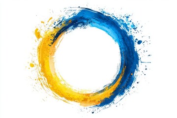 Abstract circular paint splash in blue and yellow hues on a white background