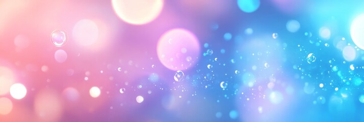 Sticker - Abstract Bokeh Background with Water Droplets - A vibrant abstract background with a soft pink and blue gradient, featuring bokeh lights and suspended water droplets, symbolizing dreams, serenity, pur