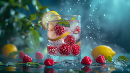 Fresh raspberry lemonade in a glass with ice cubes on a dark background