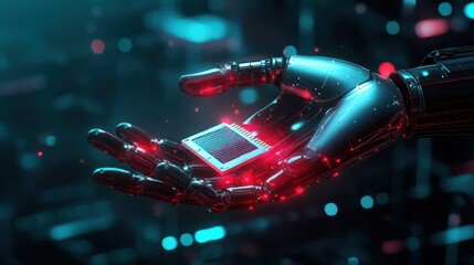 Aufkleber - A glowing AI-powered robotic hand holding a microchip, symbolizing the precision and advancement of AI engineering