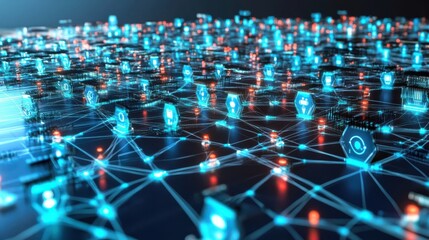 Poster - A glowing AI-powered social network with algorithms visualized as interconnected nodes, symbolizing digital connectivity and communication, flat design illustration