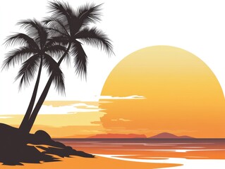 Wall Mural - Sunset Beach Clipart. Palm Tree on Tropical Island Beach with Ocean View