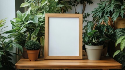 Sticker - Blank Wooden Frame Mockup with Greenery - A blank wooden frame mockup with a natural, minimalist feel. Surrounded by lush green plants, symbolizing nature, growth, simplicity, and a fresh start.