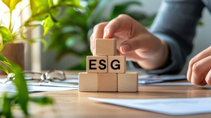 A person is building a tower of wooden blocks with the letters ESG on top