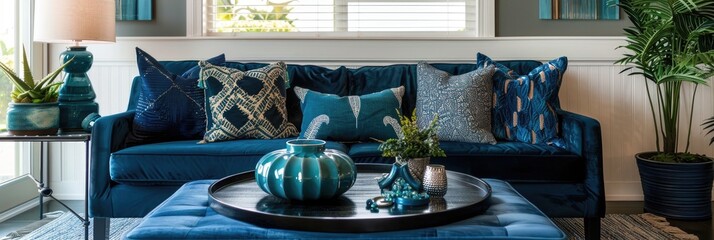 Canvas Print - Cozy living room featuring a blue sofa adorned with stylish throw pillows, a black coffee table, and a teal blue square ottoman, complemented by a window and decorative wall molding.