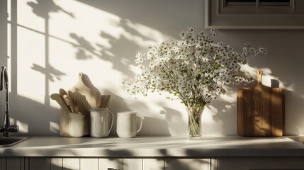 Poster - Sunlight streams through the kitchen window, illuminating a vase of white flowers on the countertop with wooden utensils and a cutting board nearby