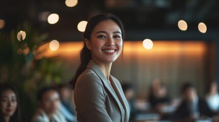 Wall Mural - Cheerful businesswoman at a presentation, modern conference room