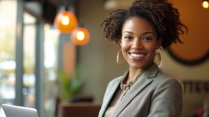 Happy female manager with laptop, stylish office interior, warm ambiance