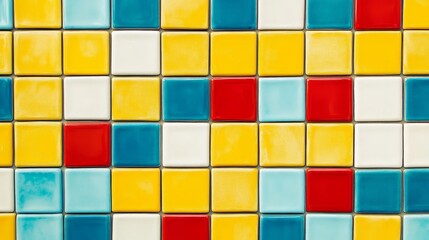 Sticker - Colorful Tile Mosaic Pattern Background Texture - A vibrant mosaic of colorful tiles, featuring yellow, blue, red, and white squares, symbolizing design, creativity, geometry, and pattern.