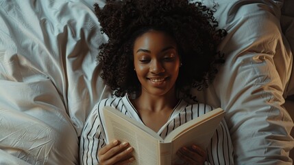 Wall Mural - Young black woman reading and laying in her bed, happy bold and bright expression, positive emotions, elevated morning routine, soft warm photo 90s style, AI generated image