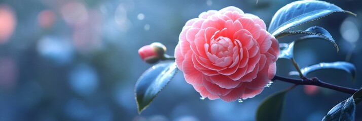 Canvas Print - Delicate Pink Camellia Flower with Soft Blue Background - A single pink camellia flower in bloom, with soft petals and a gentle blue background. It symbolizes beauty, fragility, love, and the delicate