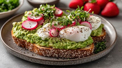 This appetizing image showcases a breakfast with two slices of multigrain toast, generously topped with mashed avocado, poached eggs, radish slices, and fresh herbs.