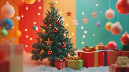 Poster - Vibrant holiday scene with a decorated Christmas tree and wrapped presents against a cheerful backdrop