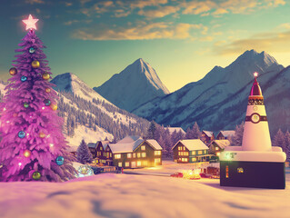 Wall Mural - A small village nestled under snow-covered mountains during the Christmas holidays. Neon lights and vibrant colors fill the scene on New Year's Day.