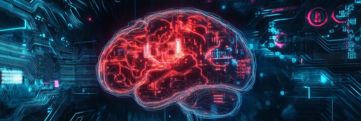 Sticker - Digital Brain: The Future of Artificial Intelligence - A glowing red brain within a futuristic circuit board, symbolizing artificial intelligence, technological advancement, innovation, computation, a