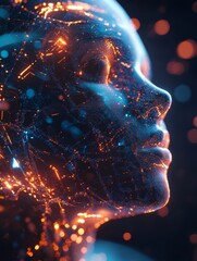 Canvas Print - Digital Human: The Future of AI and Consciousness - A digital  of a human face composed of glowing particles, symbolizing AI, technology, consciousness, evolution, and the future of humanity.