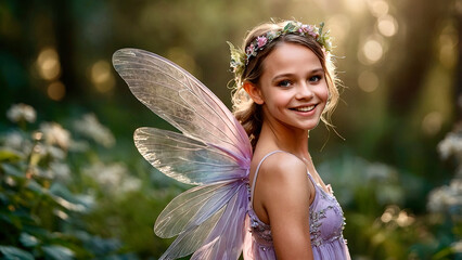 Enchanting Fairy Child Smiling in a Magical Forest During Golden Hour