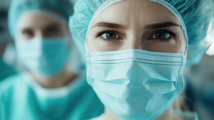 A close-up image showing the eyes of a focused female surgeon wearing a surgical mask and cap, with a blurred background highlighting another medical professional.