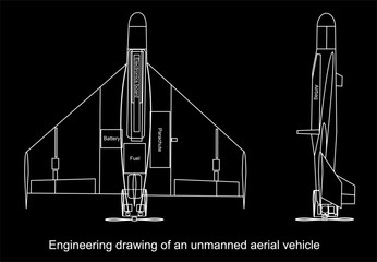 Sticker - Vector engineering drawing of a military unmanned aerial 
vehicle (drone). General view of a war plane fighter bomber.  Top and side view.  Cad scheme.